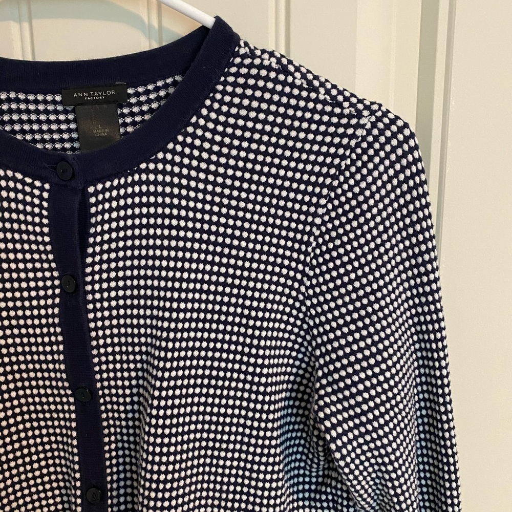 Ann Taylor Factory Navy Polka Dot Cardigan